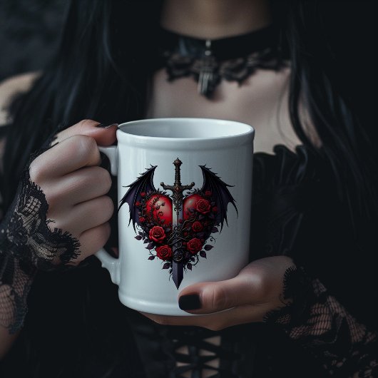 Gothic Heart with Wings, Sword and Red Roses Grote Koffiekop