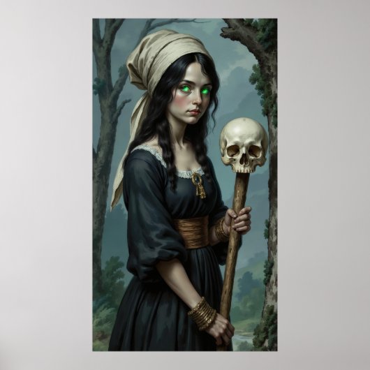 Gothic Heks Groene Ogen Schedelstaf Poster (Voorkant)