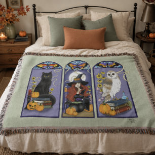 Gothic Heks Zwarte Kat Uil Halloween Art Nouveau Deken