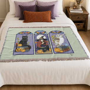 Gothic Heks Zwarte Kat Uil Halloween Art Nouveau Deken