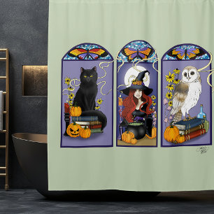 Gothic Heks Zwarte Kat Uil Halloween Art Nouveau Douchegordijn