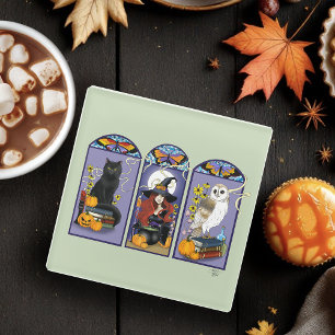 Gothic Heks Zwarte Kat Uil Halloween Art Nouveau Glazen Onderzetter