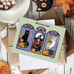 Gothic Heks Zwarte Kat Uil Halloween Art Nouveau Kaart
