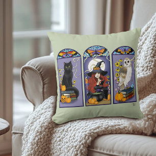 Gothic Heks Zwarte Kat Uil Halloween Art Nouveau Kussen
