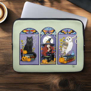 Gothic Heks Zwarte Kat Uil Halloween Art Nouveau Laptop Sleeve