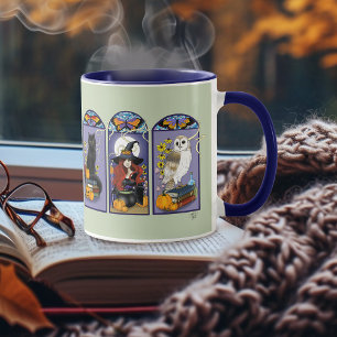 Gothic Heks Zwarte Kat Uil Halloween Art Nouveau Mok
