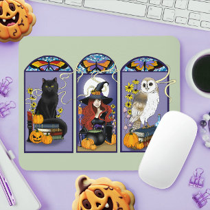 Gothic Heks Zwarte Kat Uil Halloween Art Nouveau Muismat