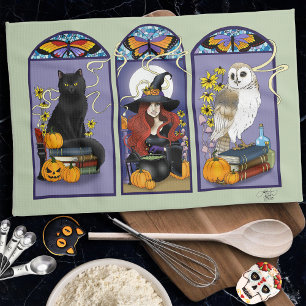 Gothic Heks Zwarte Kat Uil Halloween Art Nouveau Theedoek