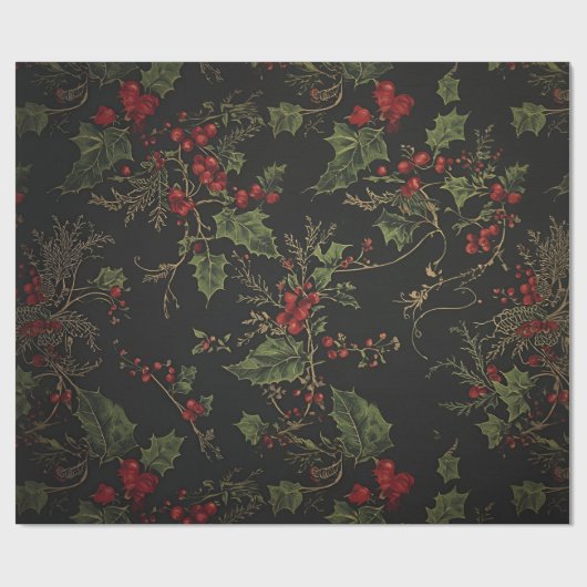 Gothic Holly Wrapping Paper |Dark Christmas Floral Cadeaupapier (Vlak)
