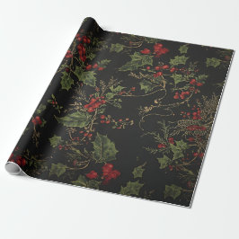Gothic Holly Wrapping Paper |Dark Christmas Floral Cadeaupapier