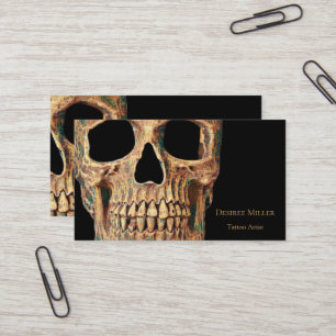 Gothic Human Half Skull Brown Green Tattoo Shop Visitekaartje
