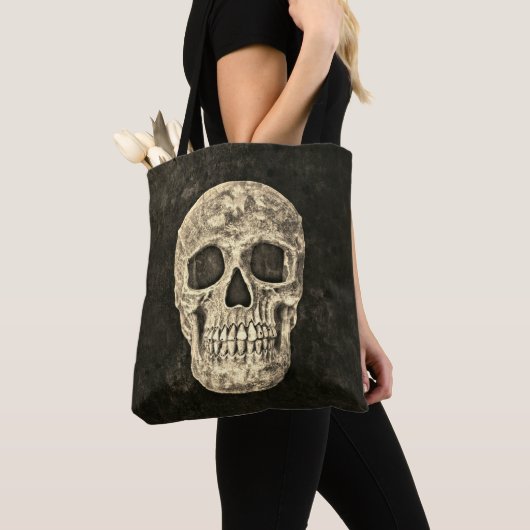 Gothic Human Skull Beige Black Old Grunge Texture Tote Bag (Dichtbij)