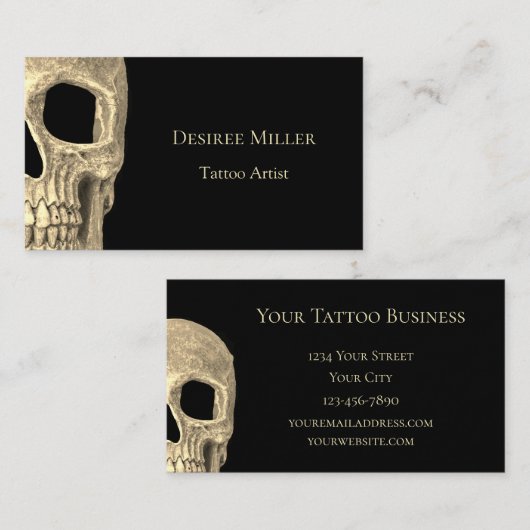 Gothic Human Skull Face Beige Black Tattoo Shop Visitekaartje (Voorkant / Achterkant)