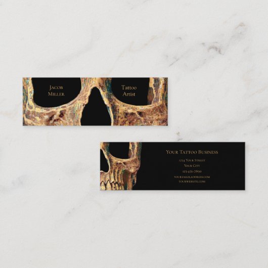 Gothic Human Skull Face Brown Green Tattoo Shop Mini Visitekaartje (Voorkant / Achterkant)