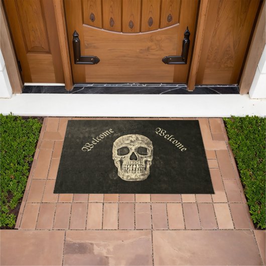 Gothic Human Skull Head Beige Black Deurmat (Buiten)