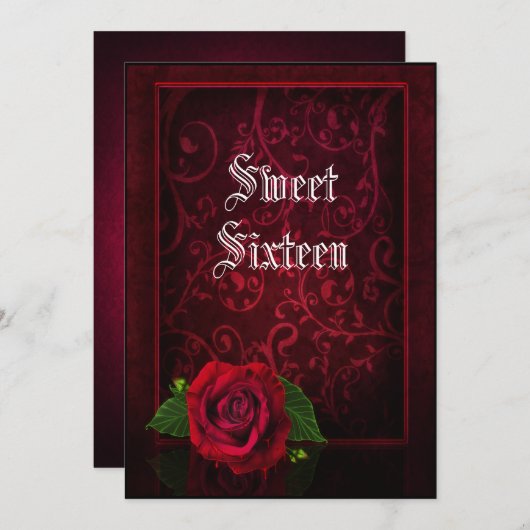 Gothic ingelijst Damask & Red Rose Sweet 16 Kaart (Voorkant / Achterkant)