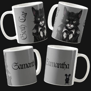 Gothic kat met Muis Gepersonaliseerde Naam Donker Koffiemok