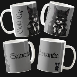 Gothic kat met Muis Gepersonaliseerde Naam Donker Koffiemok