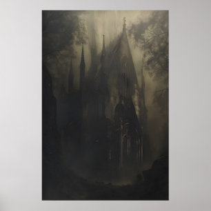 Gothic kathedraal achtervolgd in donker bos donker poster