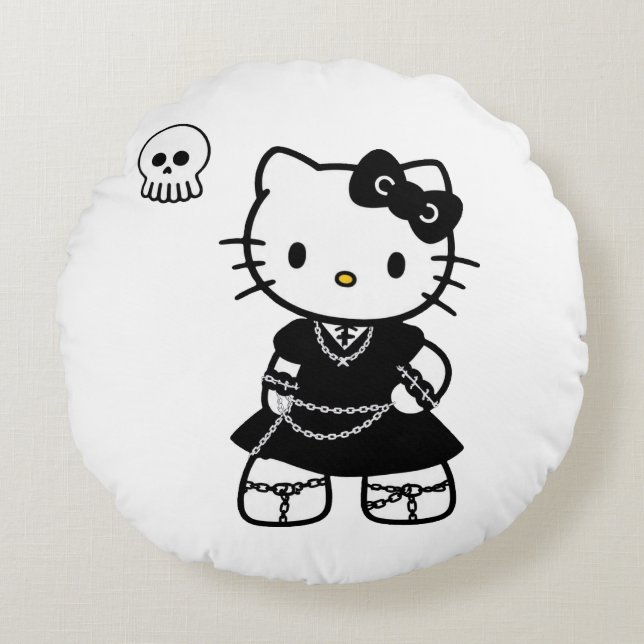Gothic Kawaii Kitty – Emo Esthetische Ronde Worp K Rond Kussen (Voorkant)