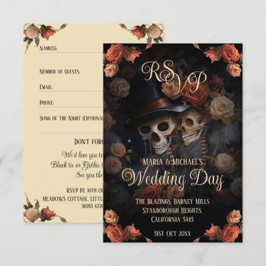 Gothic Kissing Skeletons Spooky Wedding RSVP (Voorkant / Achterkant)