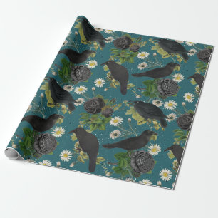 Gothic Kraaien & Zwarte Rozen Diep Blauwgroen Patr Cadeaupapier