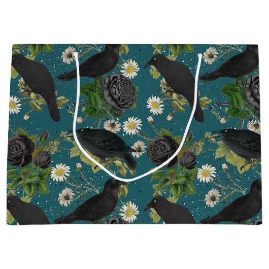 Gothic Kraaien & Zwarte Rozen Diep Blauwgroen Patr Groot Cadeauzakje (Voorkant)