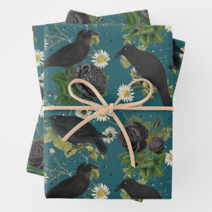 Gothic Kraaien & Zwarte Rozen Diep Blauwgroen Patr Inpakpapier Vel
