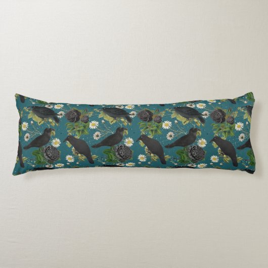 Gothic Kraaien & Zwarte Rozen Diep Blauwgroen Patr Lichaamskussen (Voorkant)
