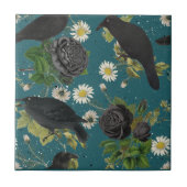 Gothic Kraait Zwarte Rozen Diep Blauwgroen Naadloo Tegeltje (Voorkant)