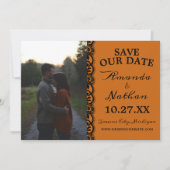 Gothic Lace Halloween Oranje Black Wedding Save The Date (Voorkant)