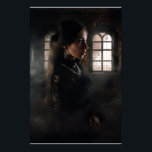 Gothic Lace Woman Misty Stone Chamber Poster<br><div class="desc">A striking woman in intricate black lace stands in profile within a misty, ruined stone chamber lit by soft diffused light through gothic arched windows. Long dark hair flows down her back while an elaborate silver-and-crimson gem necklace rests against her collarbone. Swirling fog and aged stone create layers of depth...</div>