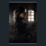 Gothic Lace Woman Misty Stone Chamber Poster<br><div class="desc">A striking woman in intricate black lace stands in profile within a misty, ruined stone chamber lit by soft diffused light through gothic arched windows. Long dark hair flows down her back while an elaborate silver-and-crimson gem necklace rests against her collarbone. Swirling fog and aged stone create layers of depth...</div>