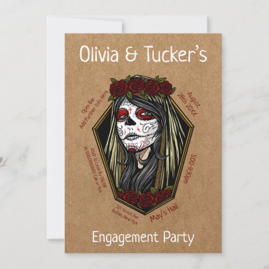 Gothic Lady Skull Coffin Dark Red Engagement Party Kaart (Voorkant)