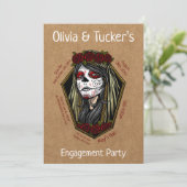 Gothic Lady Skull Coffin Dark Red Engagement Party Kaart (Staand voorkant)