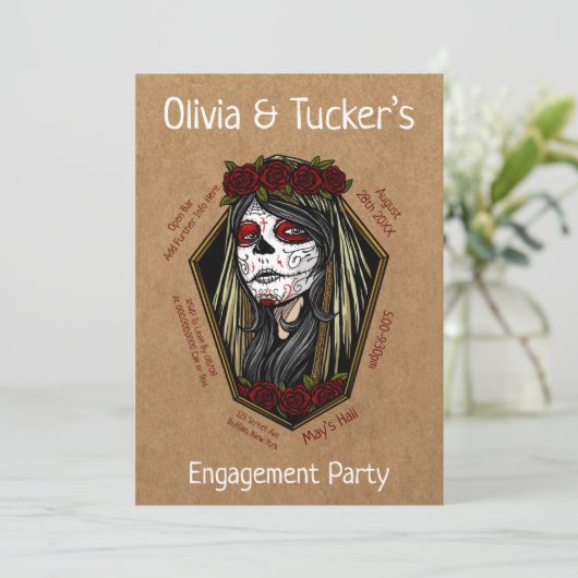 Gothic Lady Skull Coffin Dark Red Engagement Party Kaart (Staand voorkant)