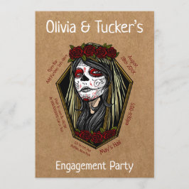 Gothic Lady Skull Coffin Dark Red Engagement Party Kaart