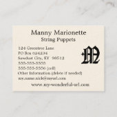 Gothic Letter "M" Classic English Initiaal Visitekaartje (Achterkant)