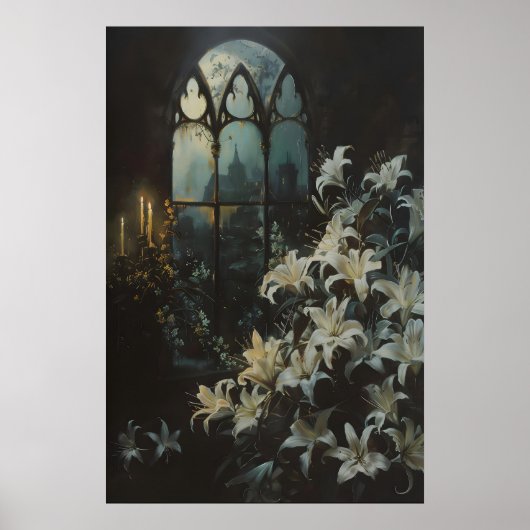 Gothic Lilies Flowers Candlelight Castle Art, Dark Poster (Voorkant)