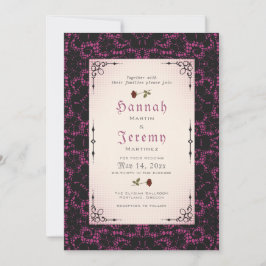 Gothic Magenta  Black Lace Roos Invitation Kaart