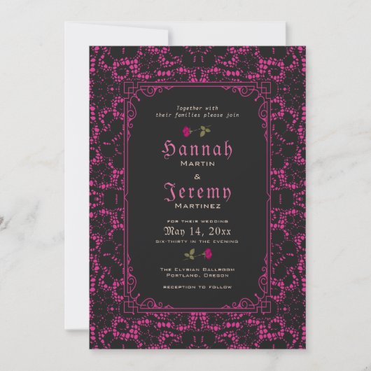 Gothic Magenta Black Lace Roos Invitation Kaart (Voorkant)