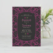 Gothic Magenta Black Lace Roos Invitation Kaart (Staand voorkant)