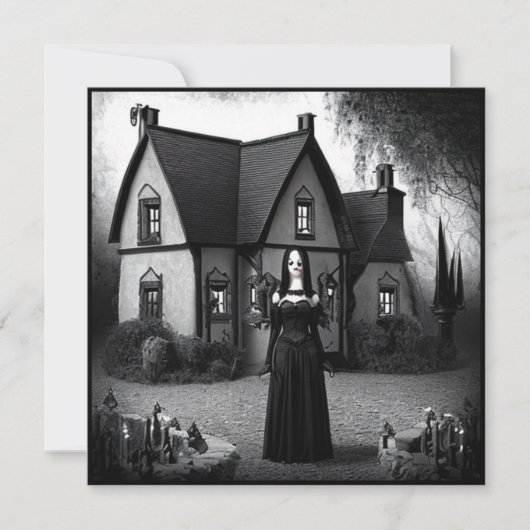 Gothic Meisje en spookhuis Halloween Kaart (Voorkant)