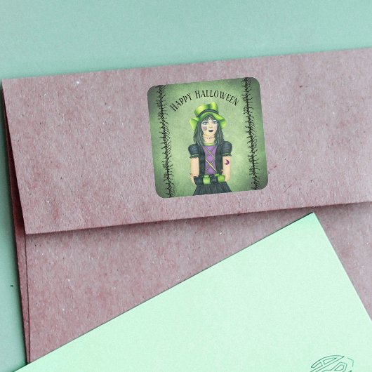 Gothic Meisje Groen Pet  Eyes Barbed Branches Vierkante Sticker