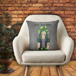 Gothic Meisje Groen Pet Tattoos op Grijs Kussen