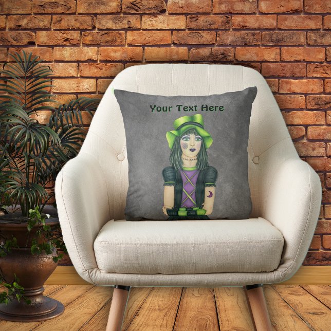 Gothic Meisje Groen Pet Tattoos op Grijs Kussen (PRetty goth girl green hat black dress tattoos on dark grey throw decorative pillow.)