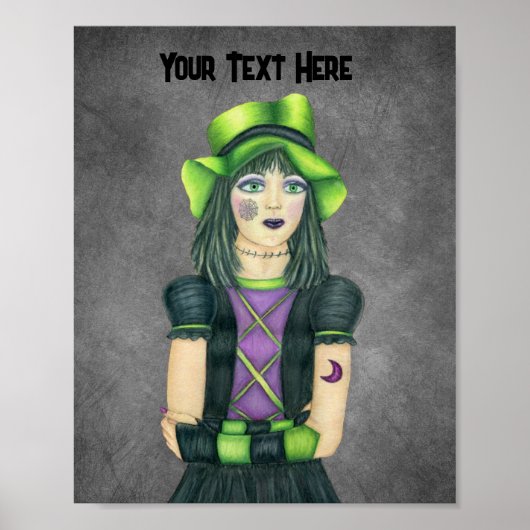  Gothic Meisje Groene Ogen Pet Tattoos Donkergrijs Poster (Voorkant)