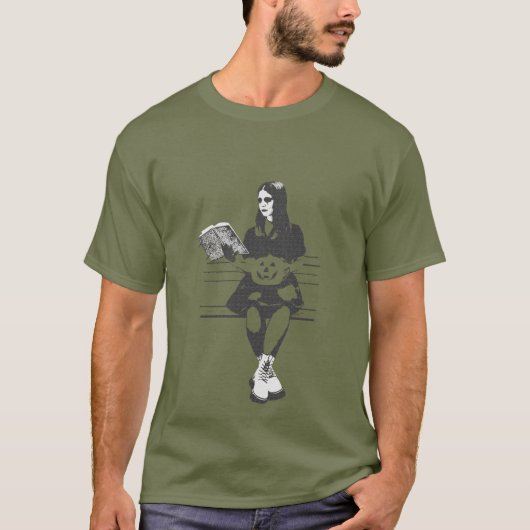 Gothic meisje met een eng kwaadaardig pompoen kop t-shirt (Voorkant)