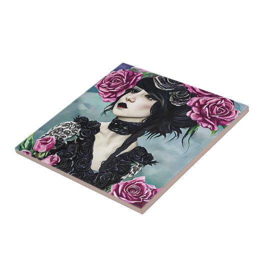 Gothic Meisje roze Rozen fantasy art Tegeltje (Zijkant)