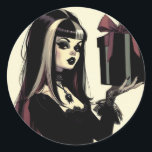 Gothic Meisje Spooky Gothic Christmas Ronde Sticker<br><div class="desc">Voeg een vleugje duistere betovering toe aan uw vakantieseizoen met deze opvallende sticker met een gotisch meisje met een prachtig verpakt zwart kerstcadeau, allemaal geschilderd in een nostalgische retro-stijl. Dit ontwerp vangt de geest van het seizoen met een unieke spookachtige twist, waardoor het een must-have is voor iedereen die van...</div>